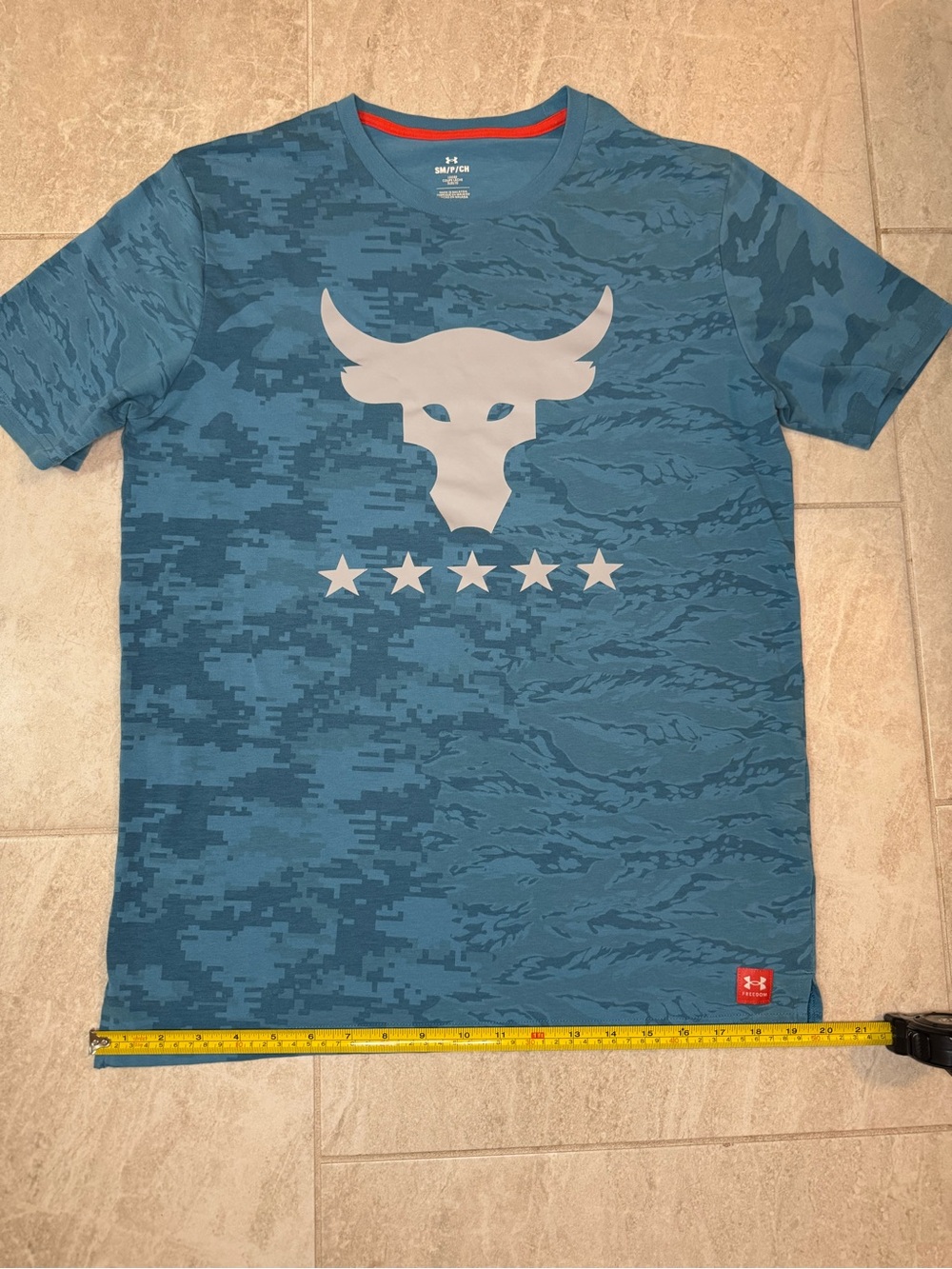 Under Armour Men’s Teal Camo Project Rock Tee with Silver Bull